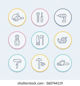 construction tools thin line icons, wrench, drill, saw icon, vector illustration