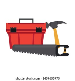 Construction tools toolbox and saw with hammer vector illustration graphic design