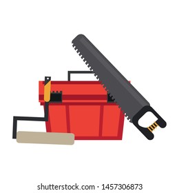 Construction tools toolbox and saw with rolling pin vector illustration graphic design