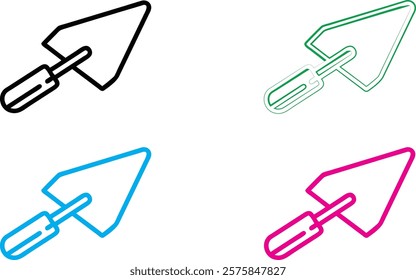 Construction tools, trowel icon, colorful outlines, minimalist design, simple shapes, vector graphics, architectural symbols, building equipment, masonry tools, line art, neon colors, black and green 