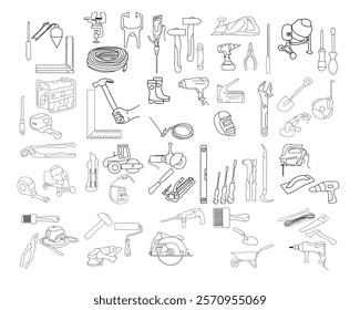 A construction tools vector collection asset construction industry. This collection of essential tools used in construction projects, such as hammers, screwdrivers, drills, saws, wrenches, and levels