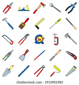 Construction tools. Vector color illustrations set isolated on white background.