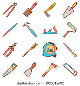 Construction tools. Vector color illustrations set isolated on white background.