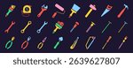 Construction tools vector colorful icon set. Adjustable wrench, brush, roller, hammer and nails. Screw, nut and bolt. Tape measure, screwdriver, putty knife, saw, pliers and wire cutters