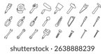 Construction tools vector icon set. Adjustable wrench, brush, roller, hammer and nails. Screw, nut and bolt. Tape measure, screwdriver, putty knife, saw, pliers and wire cutters