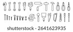 Construction tools vector icon set. Adjustable wrench, brush, roller, hammer and nails. Screw, nut and bolt. Tape measure, screwdriver, putty knife, saw, pliers and wire cutters