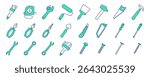 Construction tools vector icon set. Adjustable wrench, brush, roller, hammer and nails. Screw, nut and bolt. Tape measure, screwdriver, putty knife, saw, pliers and wire cutters
