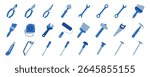 Construction tools vector icon set. Adjustable wrench, brush, roller, hammer and nails. Screw, nut and bolt. Tape measure, screwdriver, putty knife, saw, pliers and wire cutters