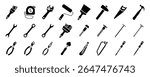 Construction tools vector icon set. Adjustable wrench, brush, roller, hammer and nails. Screw, nut and bolt. Tape measure, screwdriver, putty knife, saw, pliers and wire cutters