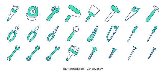 Conjunto de ícones de vetor de ferramentas de construção. Chave, escova, rolo, martelo e pregos ajustáveis. Parafuso, porca e parafuso. Medida de fita, chave de fenda, faca de massa, serra, alicate e cortadores de fio
