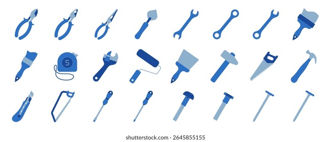 Conjunto de ícones de vetor de ferramentas de construção. Chave, escova, rolo, martelo e pregos ajustáveis. Parafuso, porca e parafuso. Medida de fita, chave de fenda, faca de massa, serra, alicate e cortadores de fio