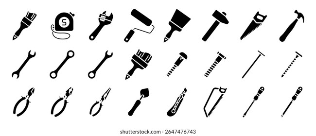 Conjunto de ícones de vetor de ferramentas de construção. Chave, escova, rolo, martelo e pregos ajustáveis. Parafuso, porca e parafuso. Medida de fita, chave de fenda, faca de massa, serra, alicate e cortadores de fio