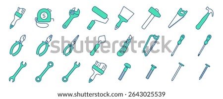 Construction tools vector icon set. Adjustable wrench, brush, roller, hammer and nails. Screw, nut and bolt. Tape measure, screwdriver, putty knife, saw, pliers and wire cutters