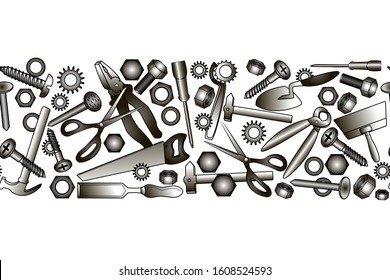 Construction tools vector icons seamless border. Hand equipment background for hardware store or other repair design.