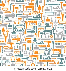 Construction tools vector icons seamless pattern. Hand equipment background in flat style.