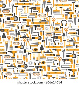 Construction tools vector icons seamless pattern. Hand equipment background in flat style.