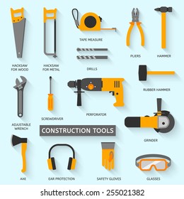 Construction tools vector icons set. Hand equipment collection in flat style.