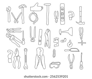 Construction tools vector illustration set isolated hand drawn building tools repair set, construction buildings, drill, hammer, screwdriver, saw, file, putty knife, ruler, helmet, roller, brush.