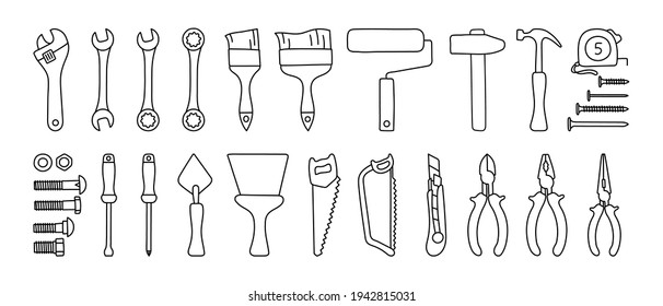 Conjunto de vectores de herramientas de construcción. Esbozo de doodle en la línea negra. Llave ajustable, cepillo, rodillo, martillo y uñas. Tornillo, tuerca y perno. Medición de la cinta, destornillador, cuchilla, sierra, alicates y cortadoras de alambre