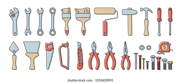 Construction tools vector set. Color doodle sketch. Adjustable wrench, brush, roller, hammer and nails. Screw, nut and bolt. Tape measure, screwdriver, putty knife, saw, pliers and wire cutters