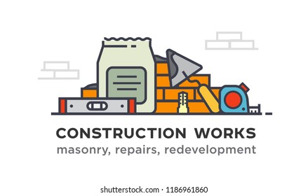 Construction tools, construction of walls. Stages of construction. lined icon, icons. Advertising booklet site infographic Vector illustration