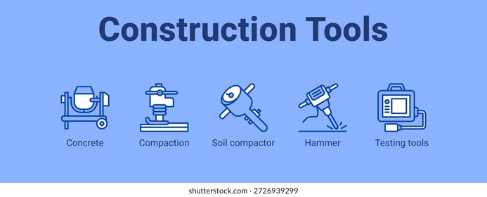 Concepto de Ilustración vectorial del icono del Anuncio del Web de las herramientas de construcción, con el icono del hormigón, compactación, compactador del suelo, martillo.