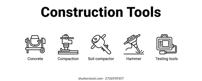 Concepto de Ilustración vectorial del icono del Anuncio del Web de las herramientas de construcción, con el icono del hormigón, compactación, compactador del suelo, martillo.