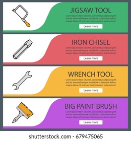 Construction tools web banner templates set. Jigsaw, iron chisel, wrench, paint brush. Website color menu items. Vector headers design concepts