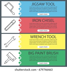 Construction tools web banner templates set. Jigsaw, iron chisel, wrench, paint brush. Website color menu items with linear icons. Vector headers design concepts