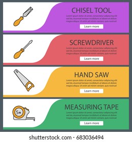 Construction tools web banner templates set. Chisel, screwdriver, hand saw, measuring tape. Website color menu items. Vector headers design concepts