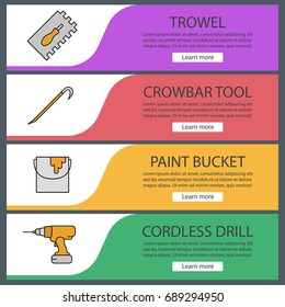 Construction tools web banner templates set. Rectangular notched trowel, crowbar, paint bucket, cordless drill. Website color menu items. Vector headers design concepts