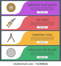 Construction tools web banner templates set. Abrasive flap wheel, tin snips, crimping tool, circular saw blade. Website color menu items. Vector headers design concepts