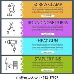 Construction tools web banner templates set. Screw clamp, round nose pliers, heat gun, stapler pins. Website color menu items with linear icons. Vector headers design concepts