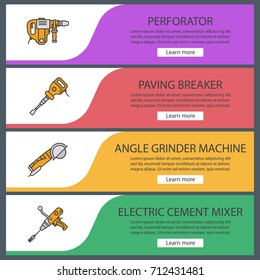 Construction tools web banner templates set. Perforator, paving breaker, angle grinder machine, electric cement mixer. Website color menu items. Vector headers design concepts