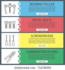 Construction tools web banner templates set. Bearing puller, metal bolts, screwdrivers, combination pliers. Website color menu items with linear icons. Vector headers design concepts