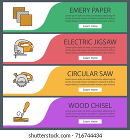 Construction tools web banner templates set. Emery paper, electric jigsaw, circular saw, wood chisel. Website color menu items. Vector headers design concepts