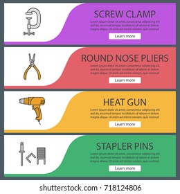 Construction tools web banner templates set. Screw clamp, round nose pliers, heat gun, stapler pins. Website color menu items. Vector headers design concepts