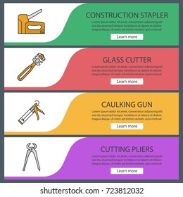 Construction tools web banner templates set. Glass cutter, caulking gun, cutting pliers, construction stapler. Website color menu items. Vector headers design concepts
