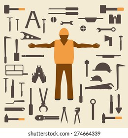 Construction tools and worker silhouette icons set.  Design suitable and editable vector illustration.