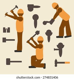 Construction tools and worker silhouette icons set. Laborer in different operations.  Design suitable and editable vector illustration.