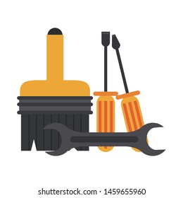 Construction tools wrench and screwdrivers with paint brush vector illustration graphic design