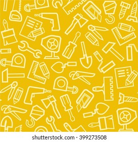 Construction tools, yellow background. Vector seamless pattern with linear icons of building tools on a yellow background. Color, flat. 
