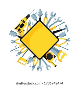 construction tools with yellow sign. Hammer, saw, drill, wrench, pliers, screw, screwdrivers, putty knife. vector illustration