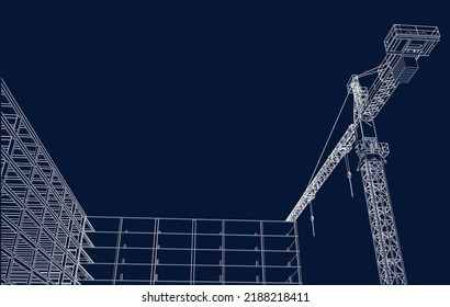 construction with tower crane architecture 3D illustration line sketch blueprint