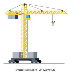 Grúa de torre de construcción aislada en blanco. Grúa de torre amarilla con cabina. Máquina de construcción de casas. Equipo industrial pesado. Ilustración vectorial plana de dibujos animados