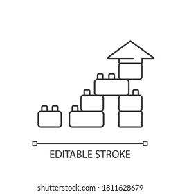 Construction toy pixel perfect linear icon. Building blocks. Colors and shapes learning toys. Thin line customizable illustration. Contour symbol. Vector isolated outline drawing. Editable stroke