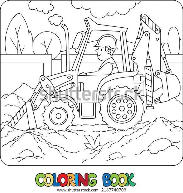 Construction tractor with bucket and with a\
driver or worker. Coloring book for kids. Small funny vector cute\
car with an operator. Children vector\
illustration.