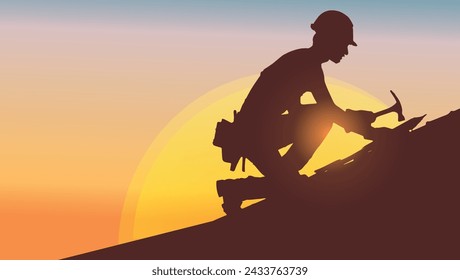 Construction tradesman with a carpenter on the roof of a house laying tiles, squatting on a frame, he works in overwhelming heat.