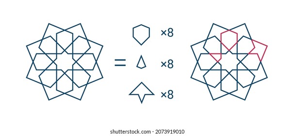 Construction of traditional islamic geometric eightfold rosette for explanation its design or making mosaic pieces or tiles isolated on white backgrounds. Vector illustration.