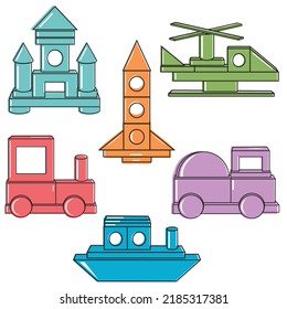 Construction of Transport from colored wooden cubes, vector isolated illustration in the flat style